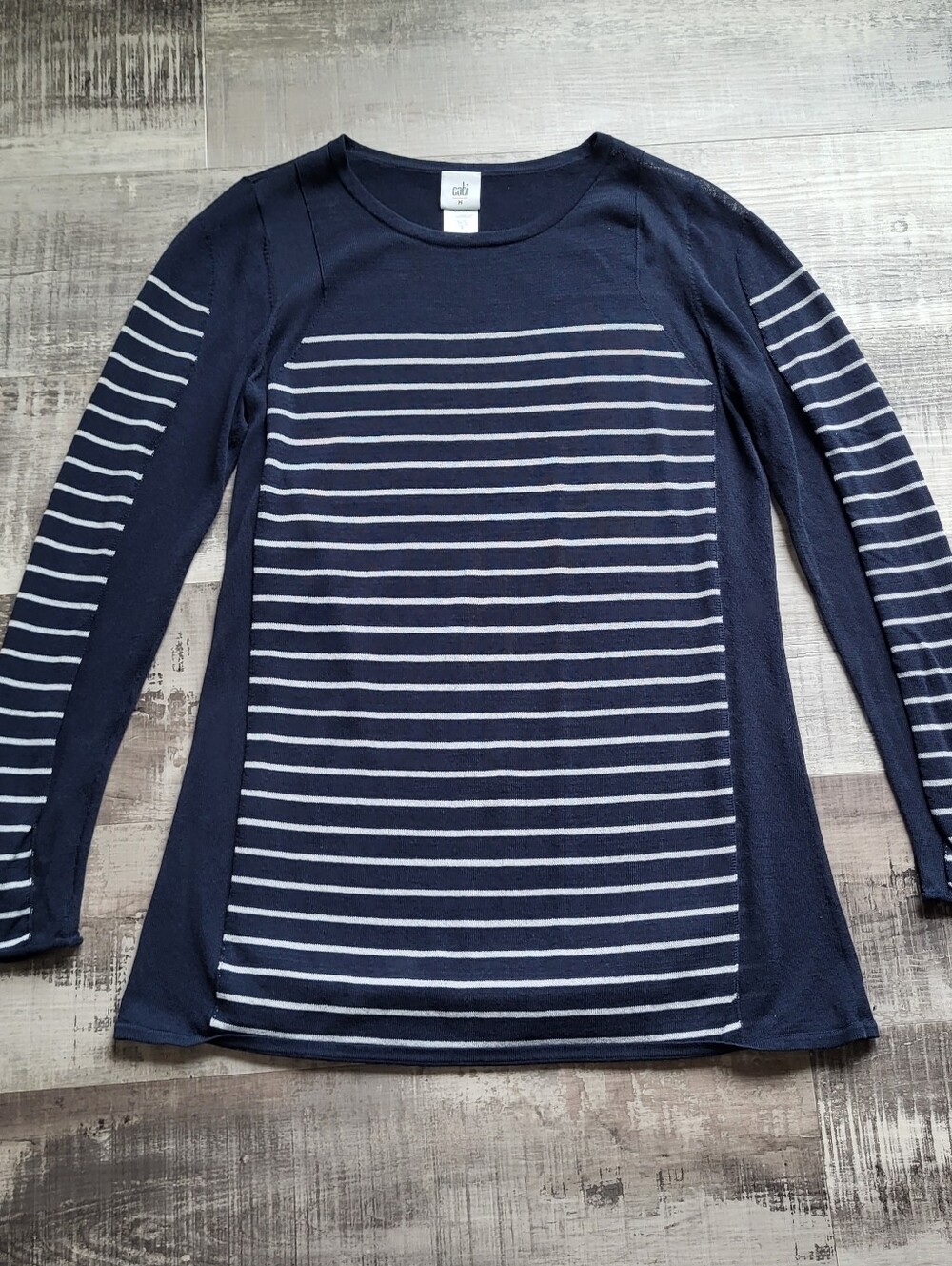 Cabi #3367 Regiment Navy Striped Long Sleeve Sweater Lightweight Sheer Size M